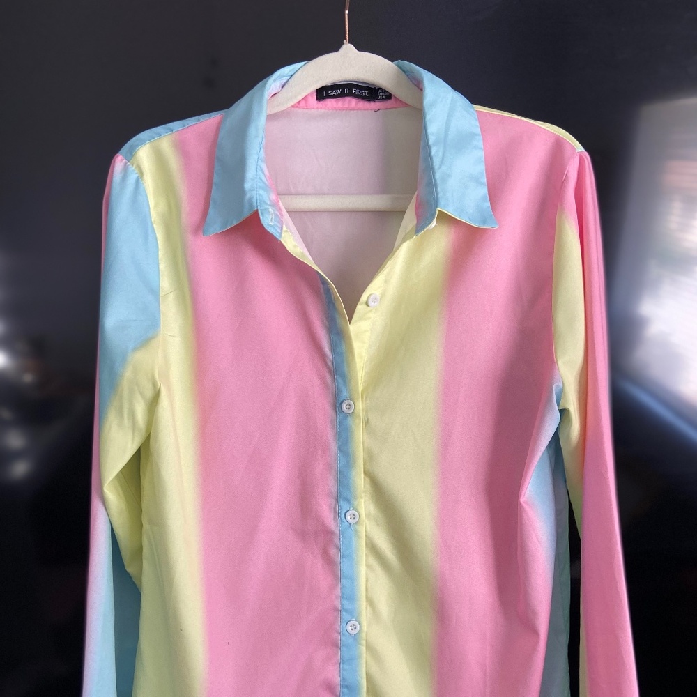 I saw it First Multicolor Rainbow Pastel Button Up Blouse Shirt Pink Blue Yellow